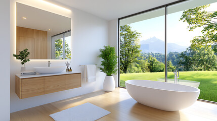 Fototapeta premium Spacious minimalist bathroom with large mirror mountain view interior design serene environment bright daylight relaxation concept