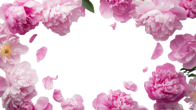 Vibrant pink peonies bloom elegantly, framing a clean white space. Scattered petals add a touch of softness, enhancing the floral beauty. Perfect for spring themes and celebrations - Powered by Adobe