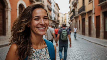 Fototapeta premium Smiling woman in a European street, enjoying the local sights and culture with a backpack, ready for a day of exploration.