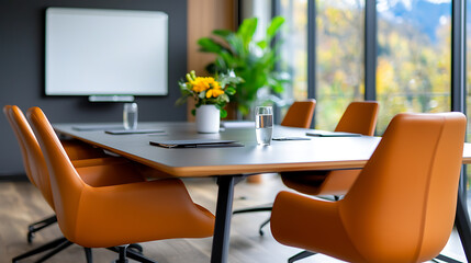 Business meeting in modern small room with leather chairs and bright views office environment professional setting