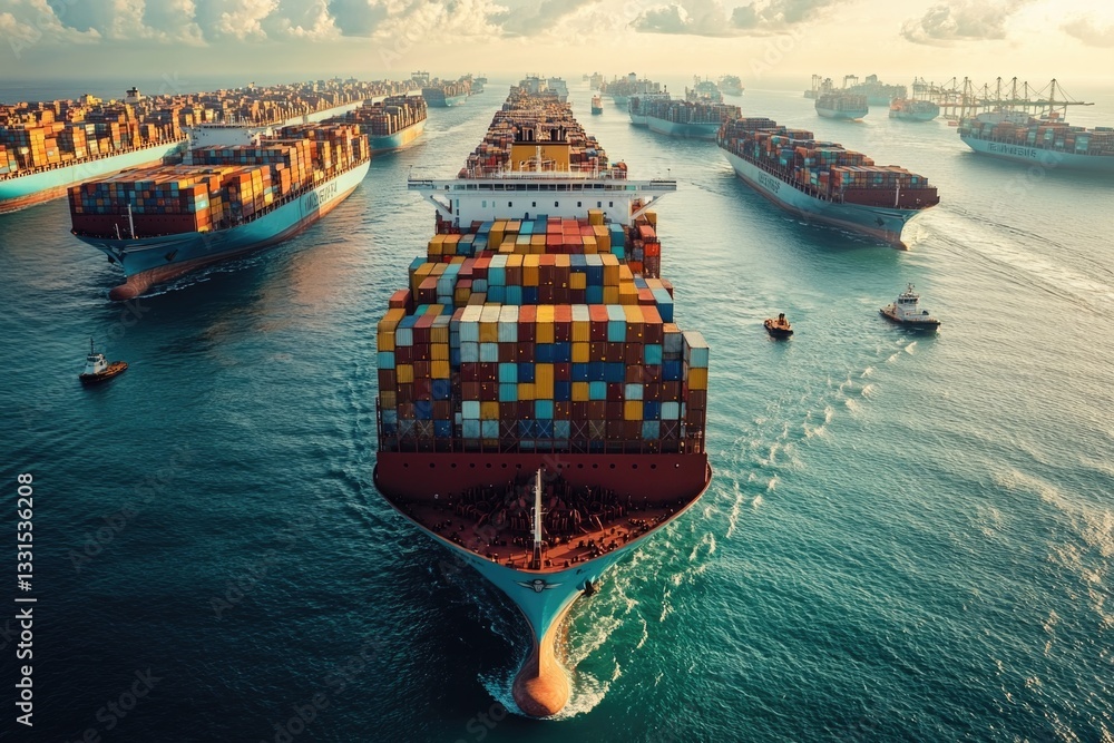 Poster a large container ship sails across the ocean, with cargo containers stacked high on its deck