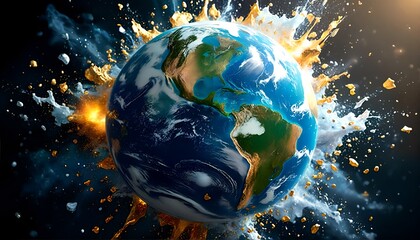Naklejka premium A dramatic illustration of Earth breaking apart.