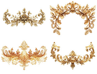 Collection of Golden Ornate Decorative Elements for Design Projects Isolated on Transparent Png