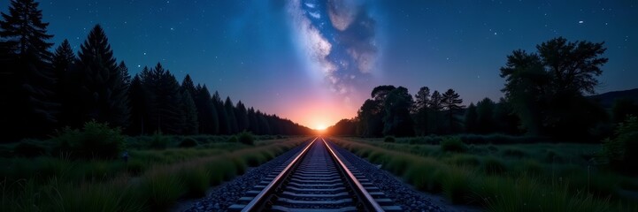 Fototapeta premium Illuminated train tracks under the summer Milky way beauty, travel, stars