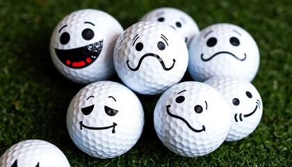 Naklejka premium Close-up of Golf Balls with Funny Emoticon Faces on Artificial Turf