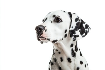 Close-up shot of a Dalmatian dog on a white background
