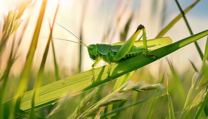 Macro photo of a green grasshopper perfectly camouflaged and blending in with the tall blades of grass.


