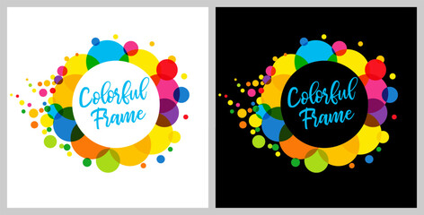 Set of creative abstract colorful frames, advertising concept. Cute round colored frame on black and white background. Shopping lable, graphic template. Geometric elements. Water bubbles blank icon.