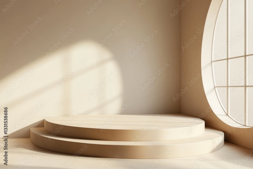 Poster Minimalist interior space with smooth circular platforms and a large window showcasing natural light