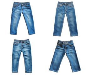 Four pairs of blue jeans Isolated on Transparent Png denim pants fashion apparel clothing textile