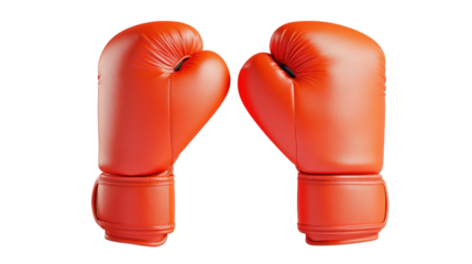 Pair of orange boxing gloves facing each other on transparent background