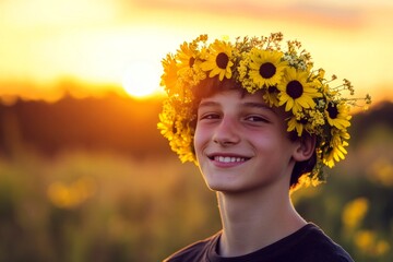 Happy warm season holidays creative. Golden hour in sunset. Happy caucasian teenager boy with multi-color hair wearing yellow flower crown on his head. Happy childhood memories in summer.