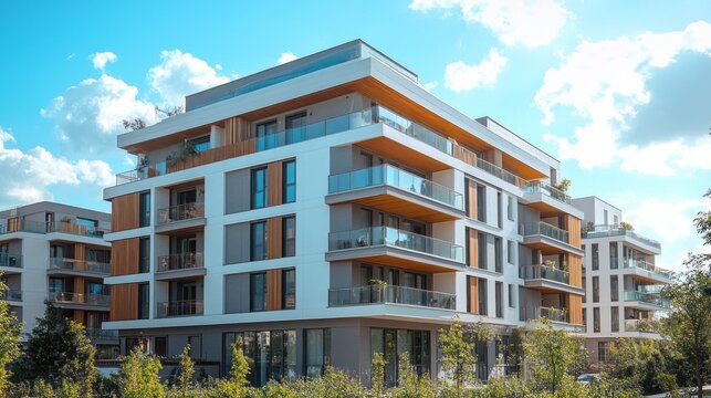 This striking new construction boasts modern aesthetics with sleek lines and spacious balconies, harmonizing with lush greenery under a clear blue sky, inviting a vibrant community atmosphere