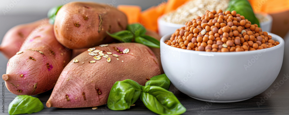 Poster sweet potatoes and lentils are displayed with fresh basil leaves, showcasing healthy carbohydrate so