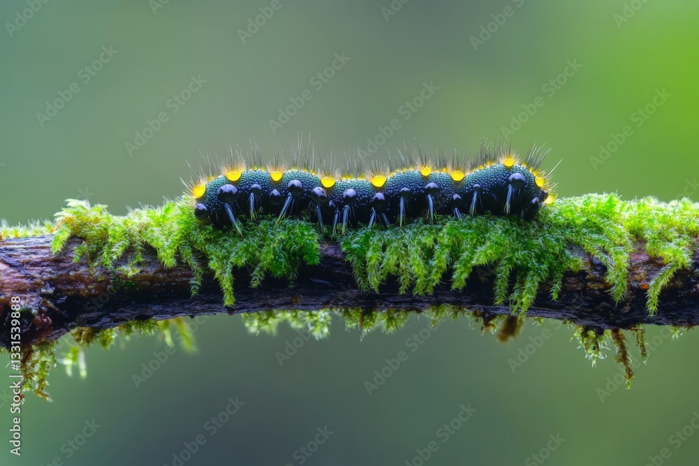Poster colorful caterpillar resting on a moss-covered branch in a lush forest setting during the daytime