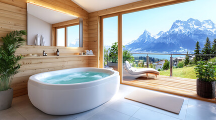 Luxurious spa retreat with hot tub overlooking scenic mountains modern bathroom design serene environment inviting viewpoint relaxation concept
