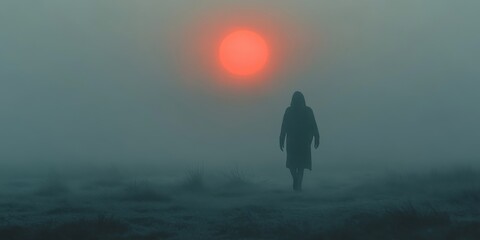 Lone wanderer walking in foggy landscape during sunrise