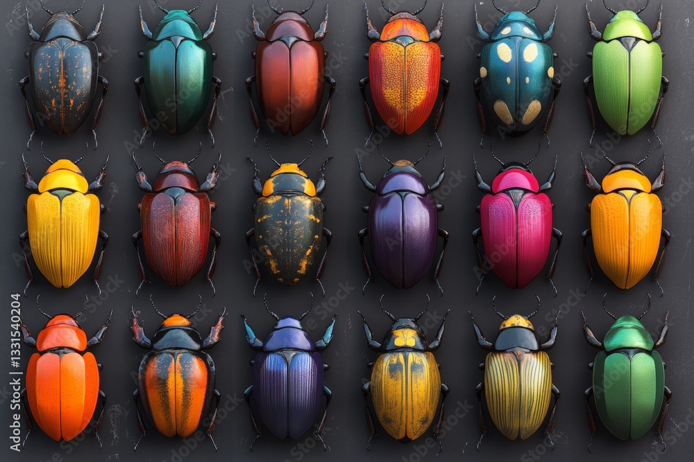 Poster vibrant collection of colorful beetles displayed on a dark surface in an artistic arrangement
