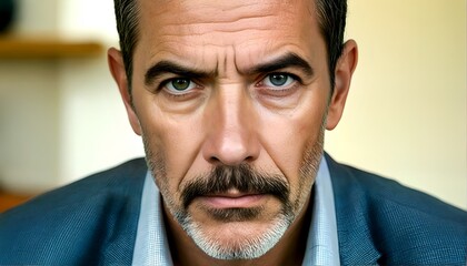 A close-up photograph of a man with green eyes and salt-and-pepper facial hair.