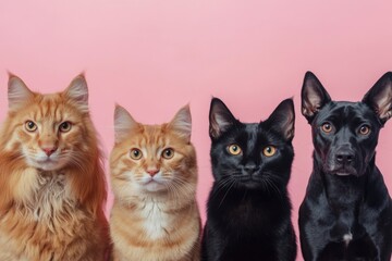 Feline and canine friends posing together in front of a pink background showcasing their unique personalities