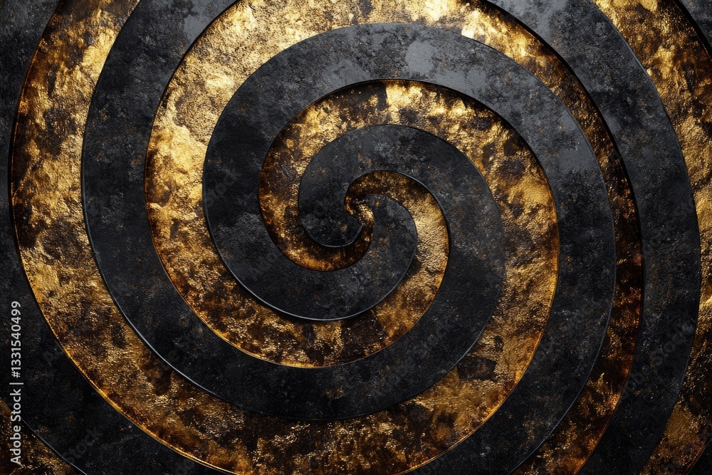 Poster a geometric pattern of interlocking spirals in black and gold on a dark background