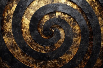 A geometric pattern of interlocking spirals in black and gold on a dark background
