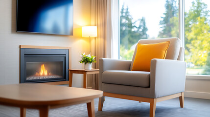 Cozy living room with wall-mounted fireplace modern home interior design bright environment inviting viewpoint comfort concept