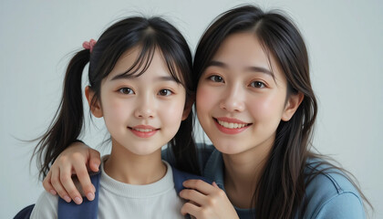 A mother and her elementary school daughter laughing brightly