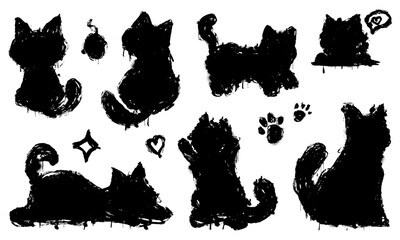 Black silhouette of cat collection set. Handdrawn cat vector illustration
