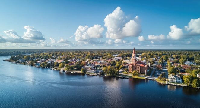 New Bern Urban Center Aerial View: Skyline by River in North Carolina Landscape