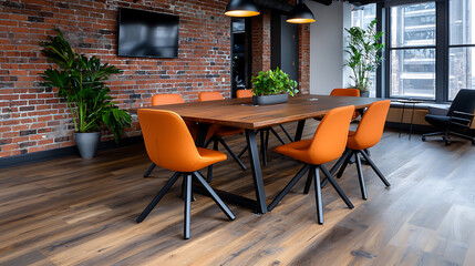 Industrial style meeting room with exposed brick modern design urban office interior space creative workspace collaborative environment