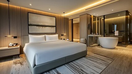 Modern hotel bedroom featuring a king-sized bed, elegant decor, and a spacious bathroom area
