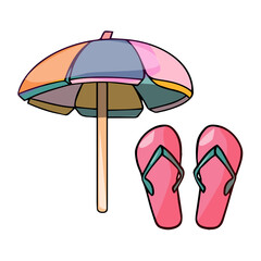 Color hand drawn illustration of a summer beach umbrella and beach pink flip flops