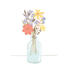 Bouquet of flowers in a bottle, glass vase. Spring illustration with garden plants