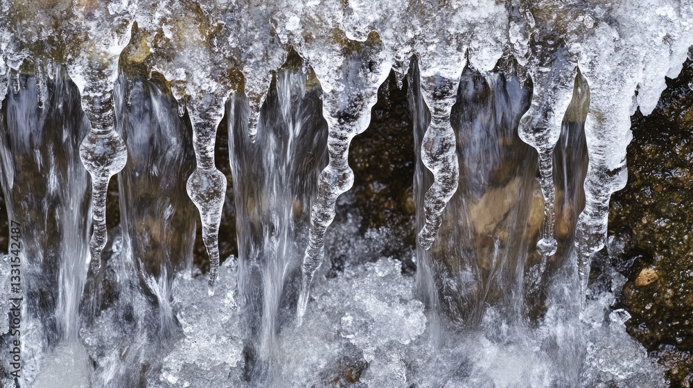 Aufkleber close-up view of icicles forming over flowing water in a natural setting with sparkling ice and moti