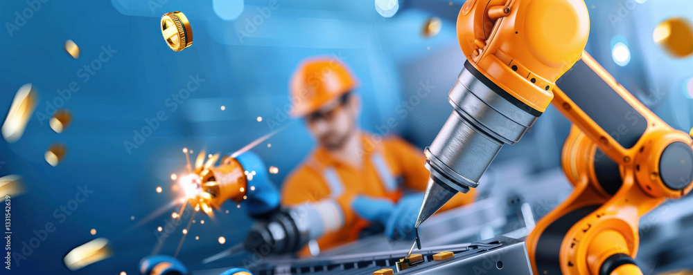 Poster high tech robotic arm operates in modern manufacturing facility, with worker in background wearing s
