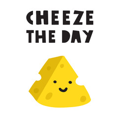 Lamas personalizadas para cocina con tu foto Cute cheese. Funny phrase - cheese the day. Smiling happy character. Illustration on white background.