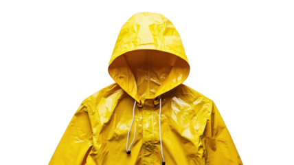 Bright yellow rain jacket on a white background for fashion and outdoor activities during rainy weather