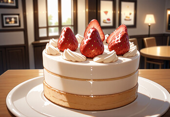 カフェの背景とイチゴのケーキ