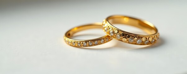 Close-up of intricate gold earrings and ring on white surface, elegance, accessorize