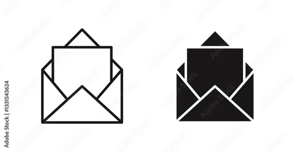 Aufkleber open envelope vector icon set in black color.