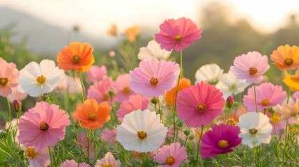 Vibrant Cosmos Flowers Blooming in a Sunlit Meadow