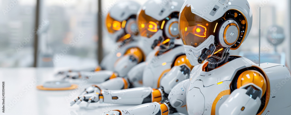 Poster row of advanced humanoid robots with orange accents sit at sleek, modern desk in futuristic laborato