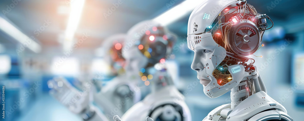 Poster futuristic laboratory with advanced humanoid robots featuring intricate circuitry and glowing compon