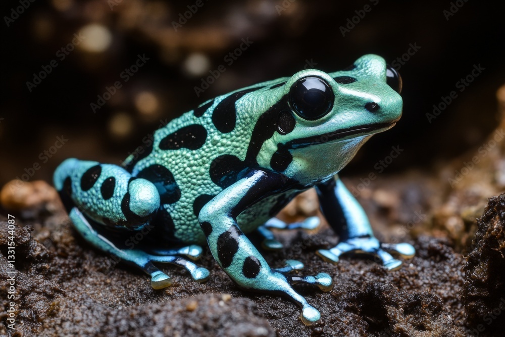 Poster colorful frog perched on rocky surface in a vibrant rainforest setting, showcasing intricate pattern