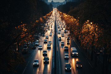 Traffic jam on multi lane highway at dusk with city lights illuminating wet asphalt
