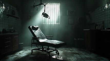 Mysterious scene of an abandoned medical room dark hospital photography eerie atmosphere low angle horror concept