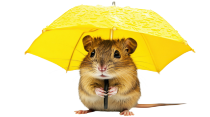 Cute small rodent holds tiny yellow umbrella in a whimsical indoor setting during bright daylight