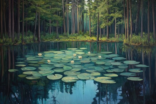 Northwoods Beauty at Mabel Lake, Wisconsin: Lily Pads, Pine Trees, and Tranquil Waters