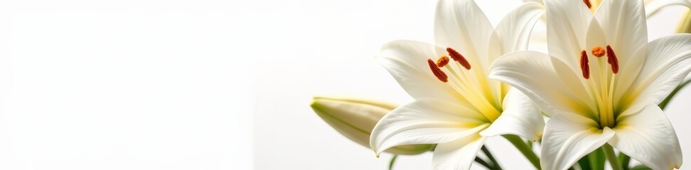 Obraz premium Close-up of elegant easter lily flowers on pure white background, elegant, clean